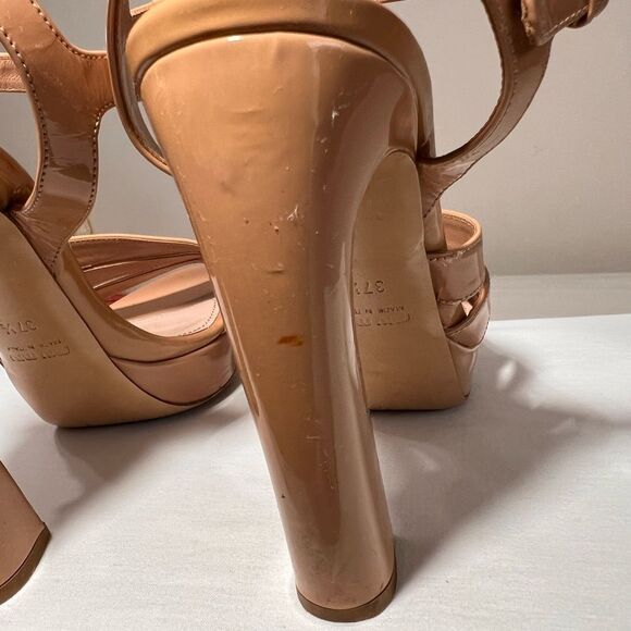 Miu Miu Vernice Block Heel Platform Sandals Size 37 1/2 Tan Nude - Picture 12 of 15